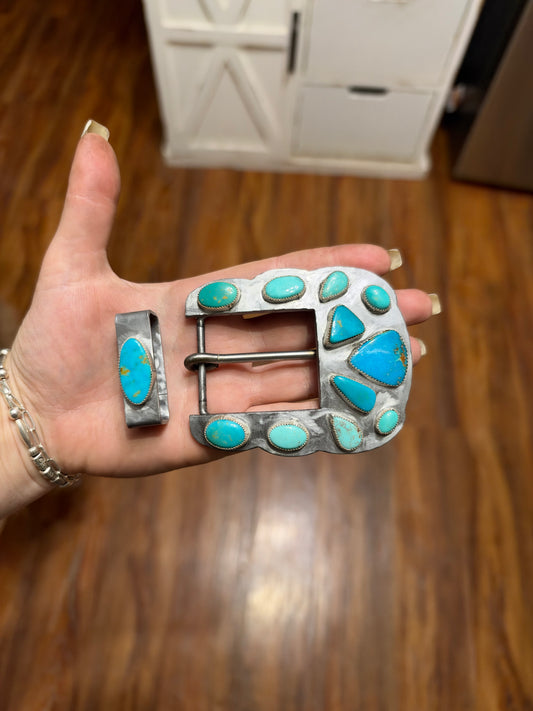 Mixed turquoise belt buckle and keeper