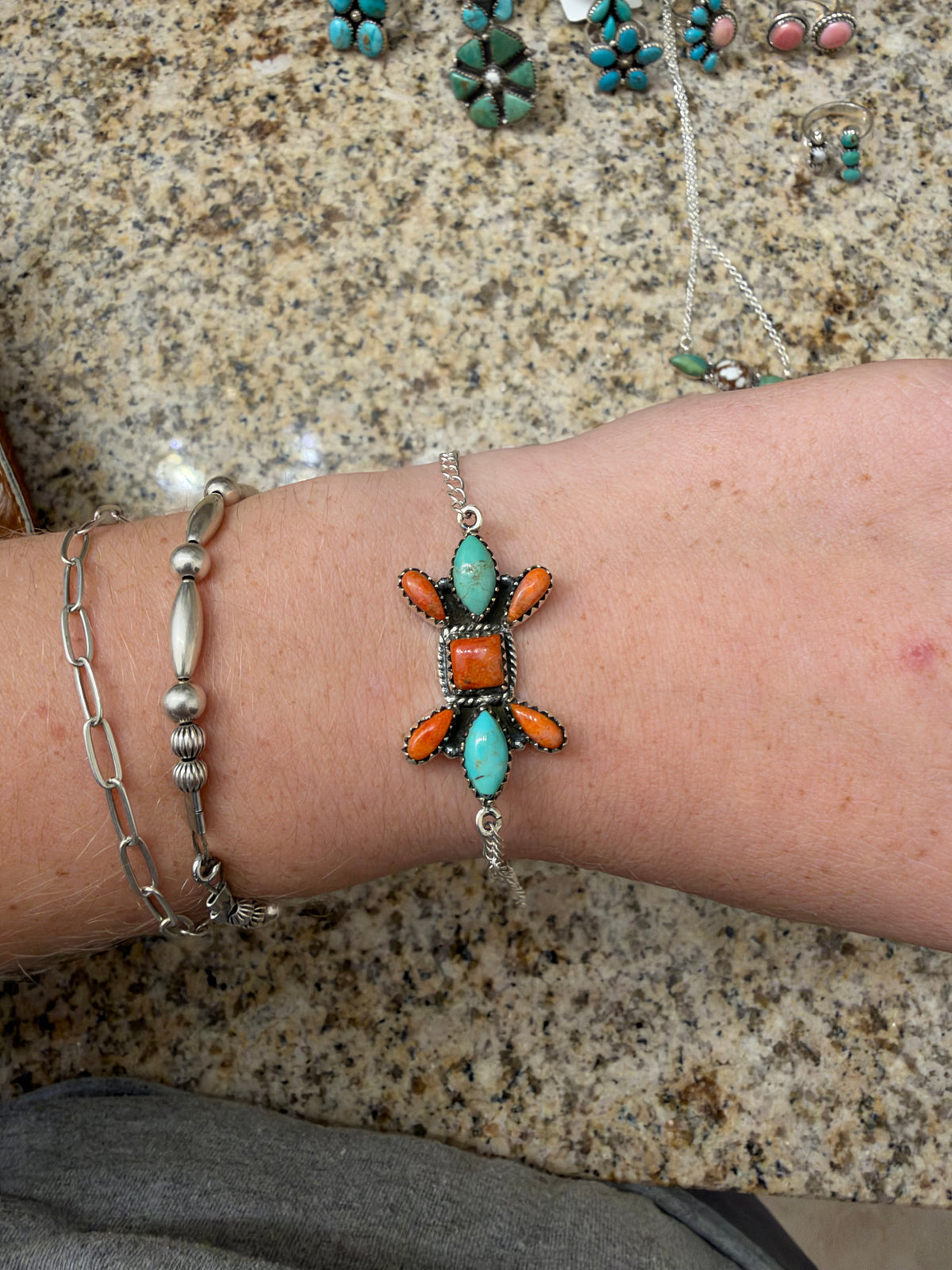 Orange Mojave and Kingman turquoise cluster bracelet