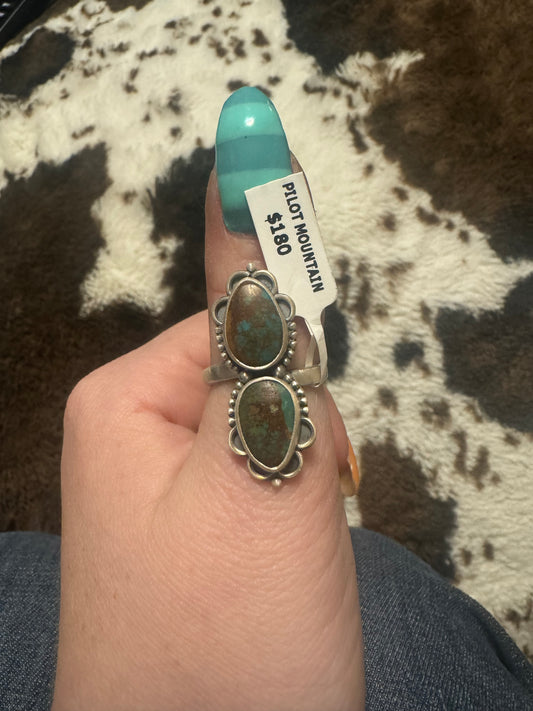 Pilot mountain turquoise two stone adjustable ring