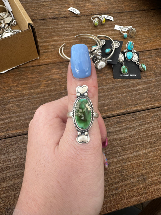 Sonoran gold turquoise adjustable ring with heart silver work