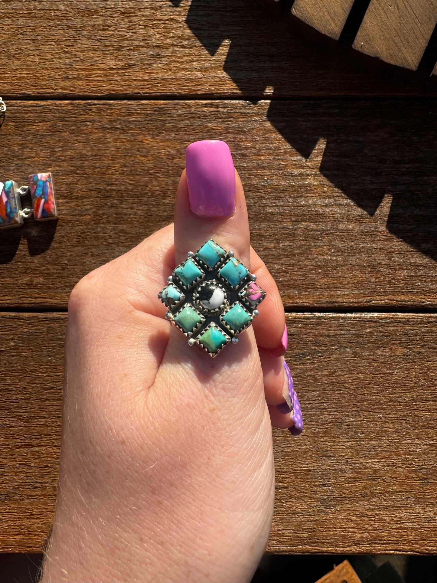Cotton candy white buffalo and turquoise adjustable cluster ring