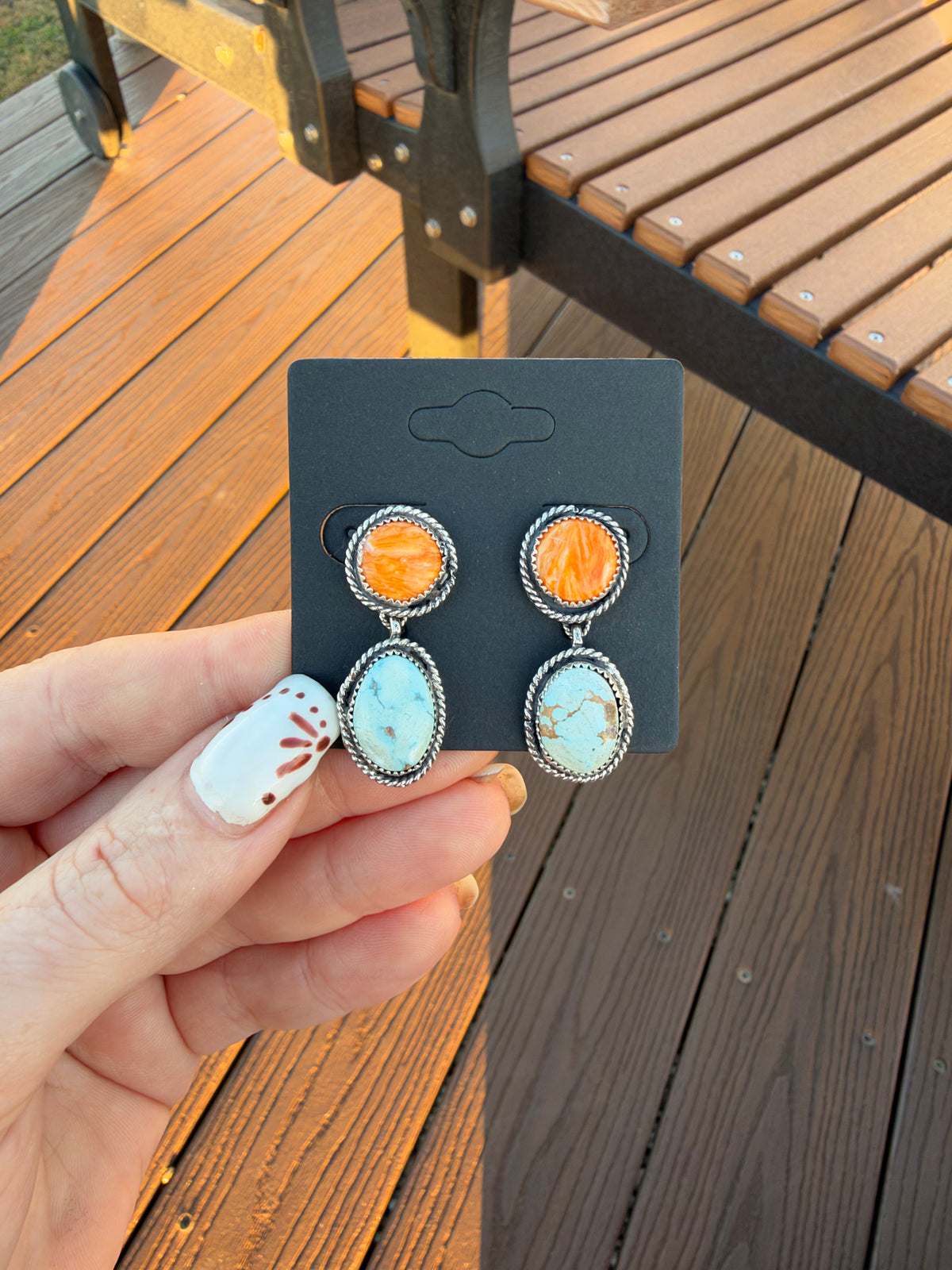 Orange spiny and golden hills turquoise stud drop earrings