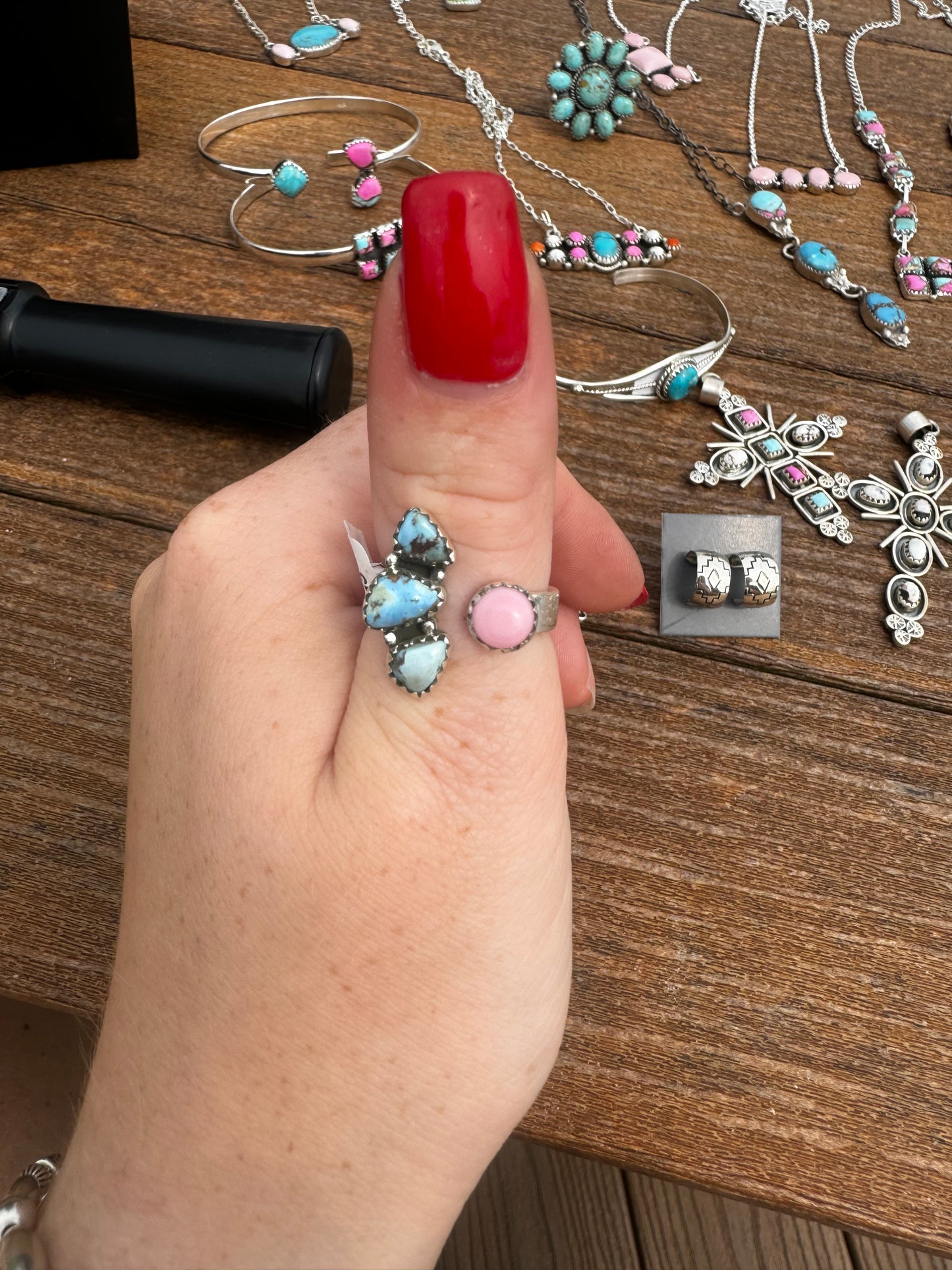 Pink conch and golden hills floater ring