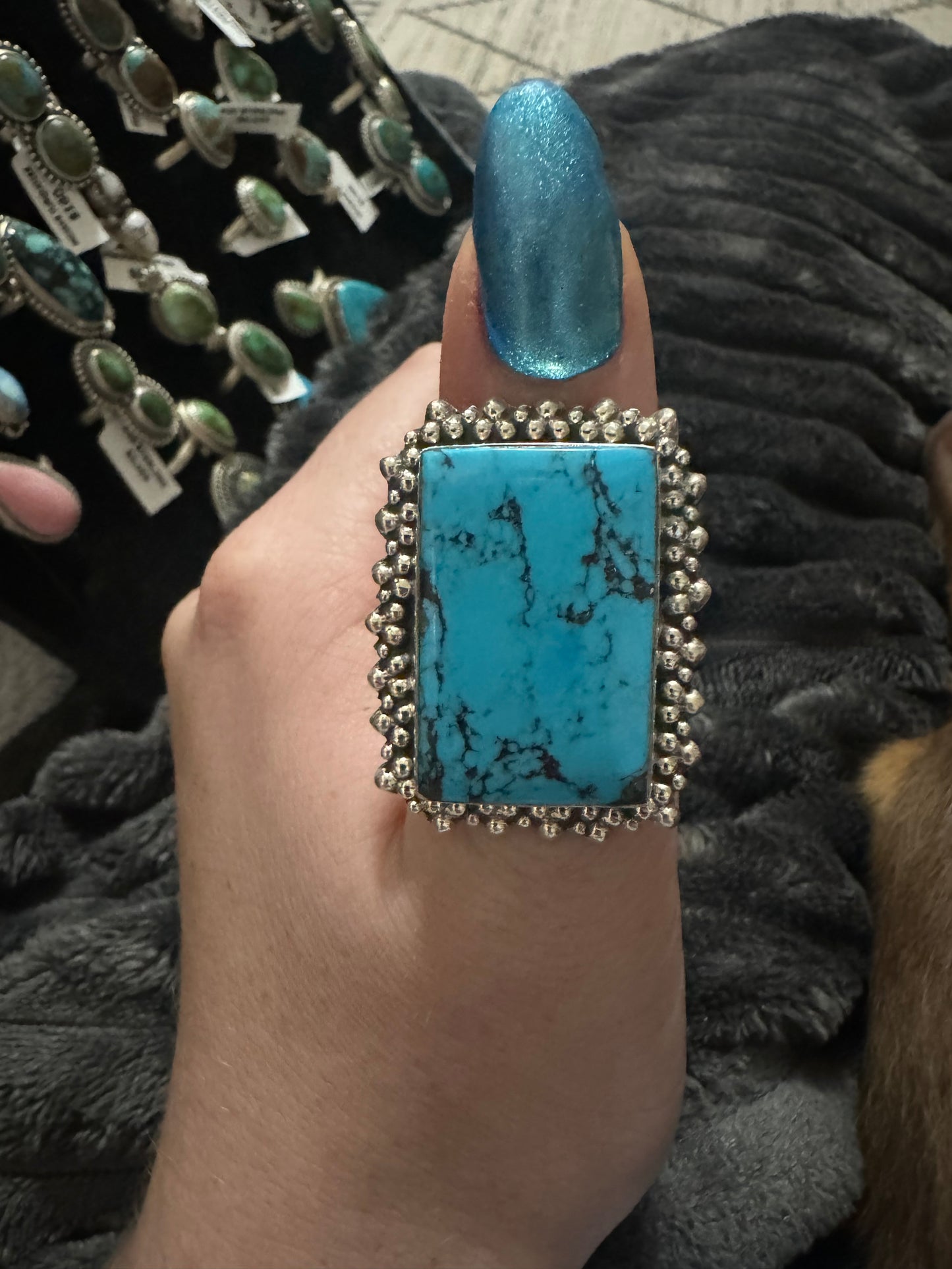 Large turquoise rectangle adjustable ring