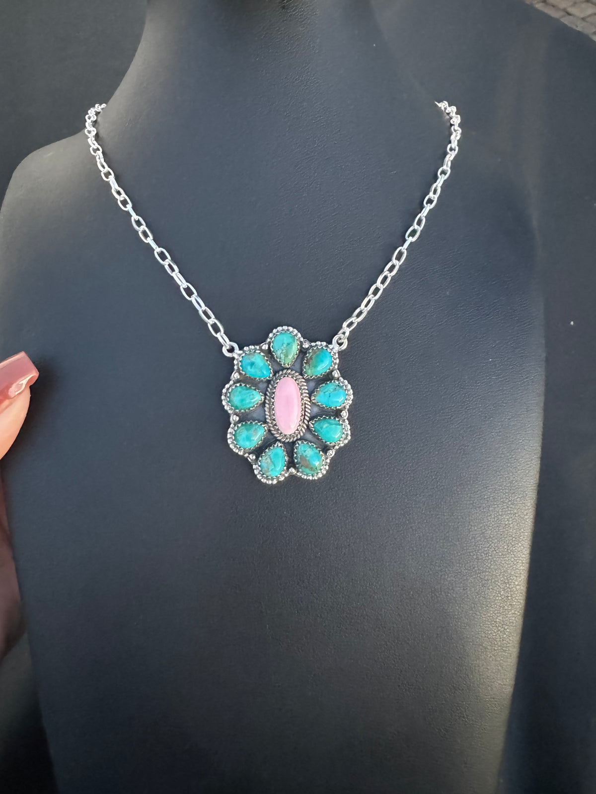 Pink conch and Kingman turquoise cluster necklace