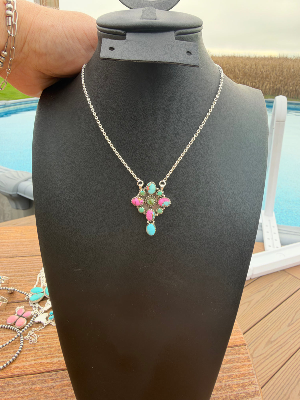 Cotton candy and Kingman turquoise cluster necklace