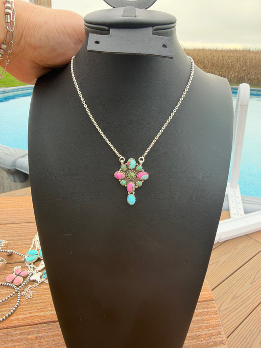 Cotton candy and Kingman turquoise cluster necklace