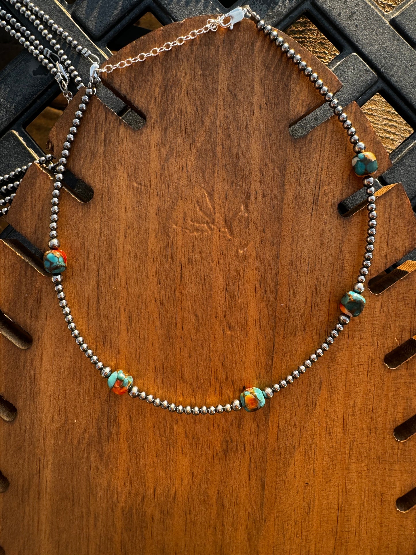 Turquoise and spiny oyster choker pearl necklace