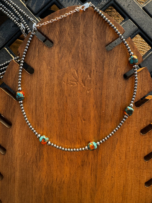 Turquoise and spiny oyster choker pearl necklace