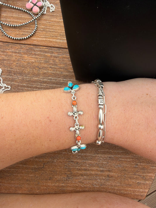 Turquoise and orange Mojave chain bracelet