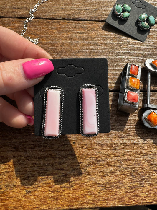 Pink conch rectangle stud earrings