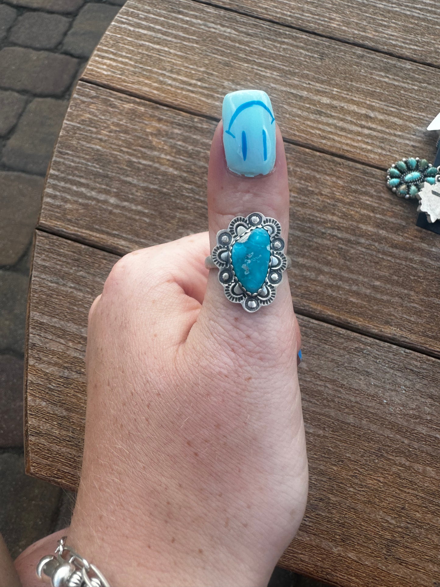 Sz 8 whitewater turquoise ring with stampwork