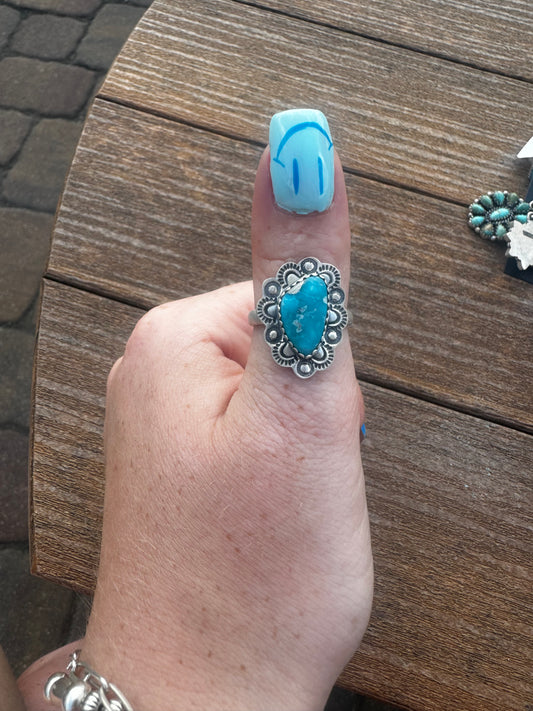 Sz 8 whitewater turquoise ring with stampwork