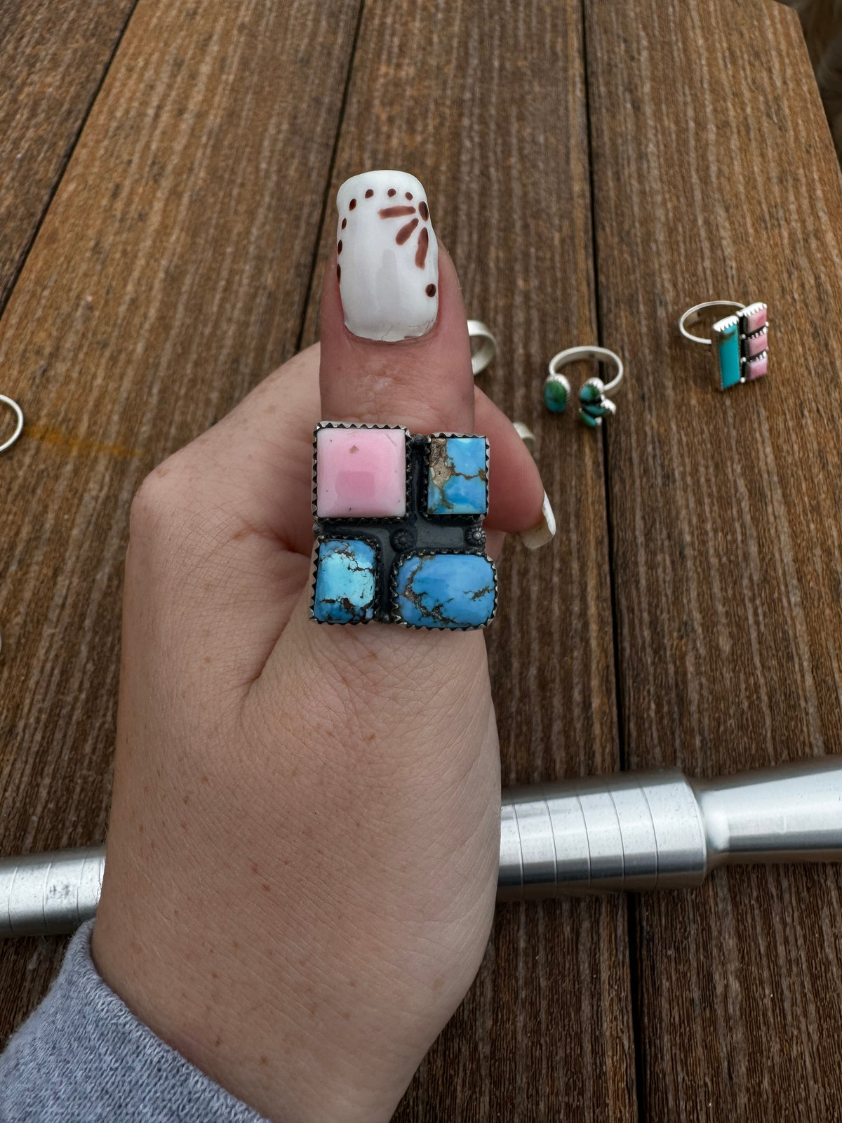 Golden hills turquoise and pink conch square adjustable cluster ring