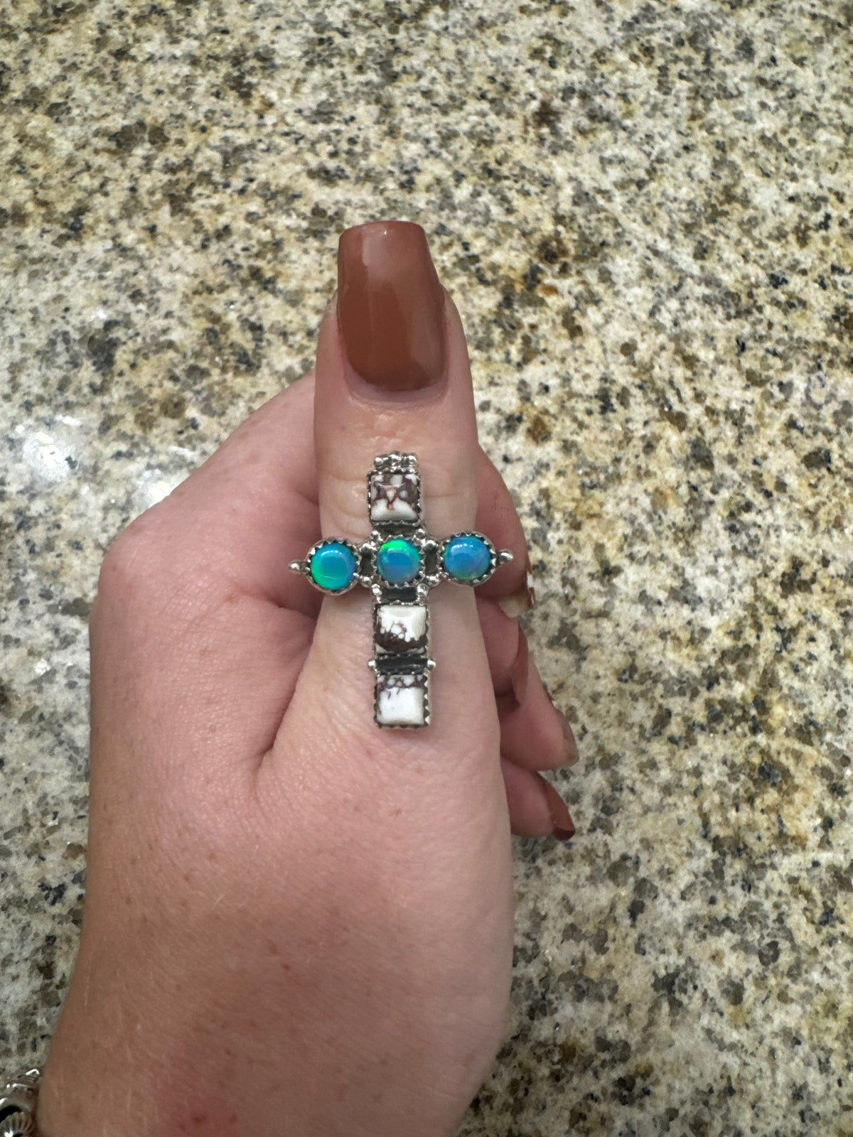 Wild horse and opal cross ring adjustable ring