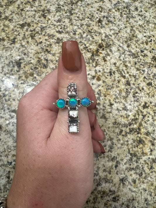 Wild horse and opal cross ring adjustable ring