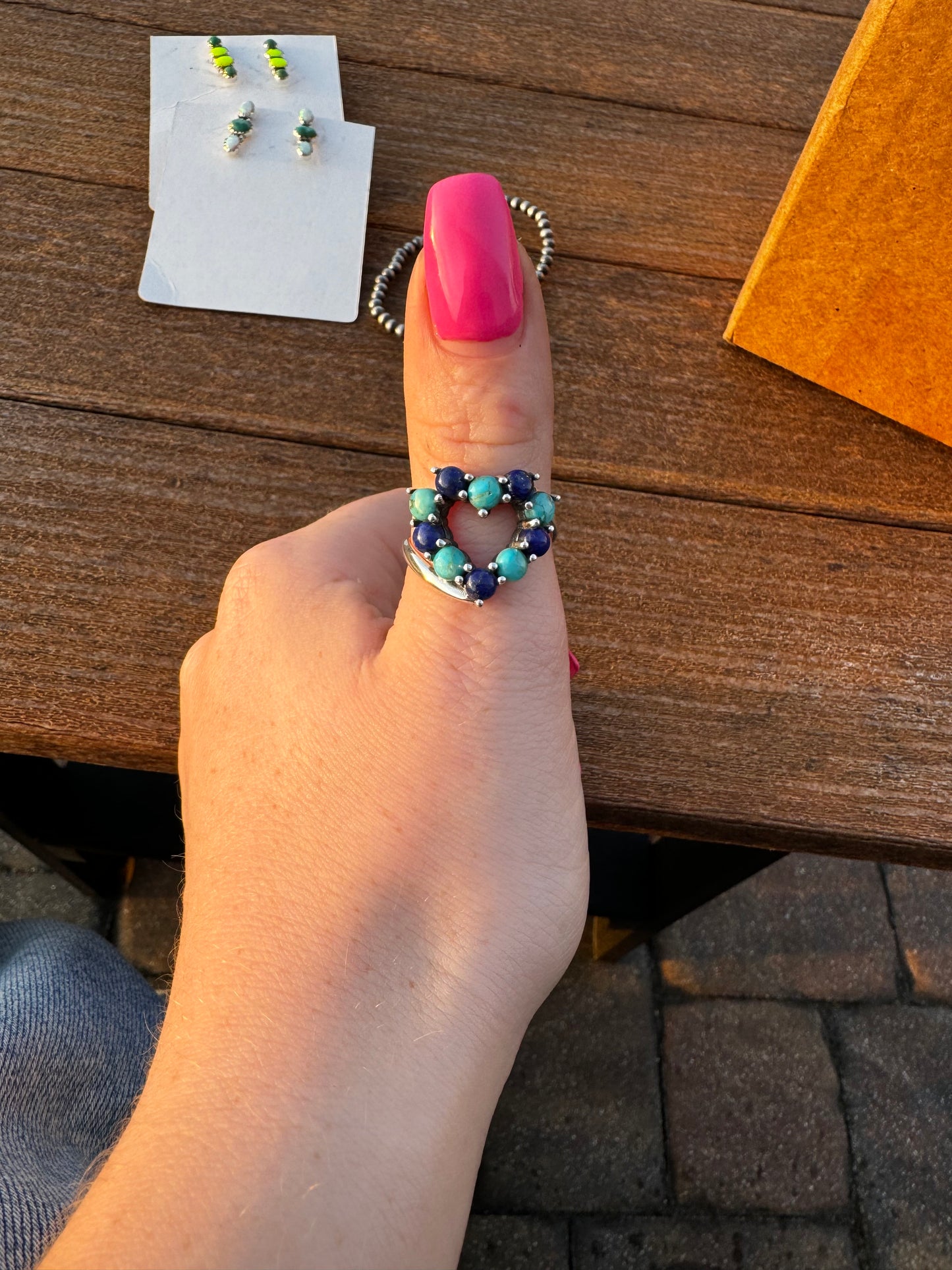 Lapis and Kingman turquoise heart ring sz 9