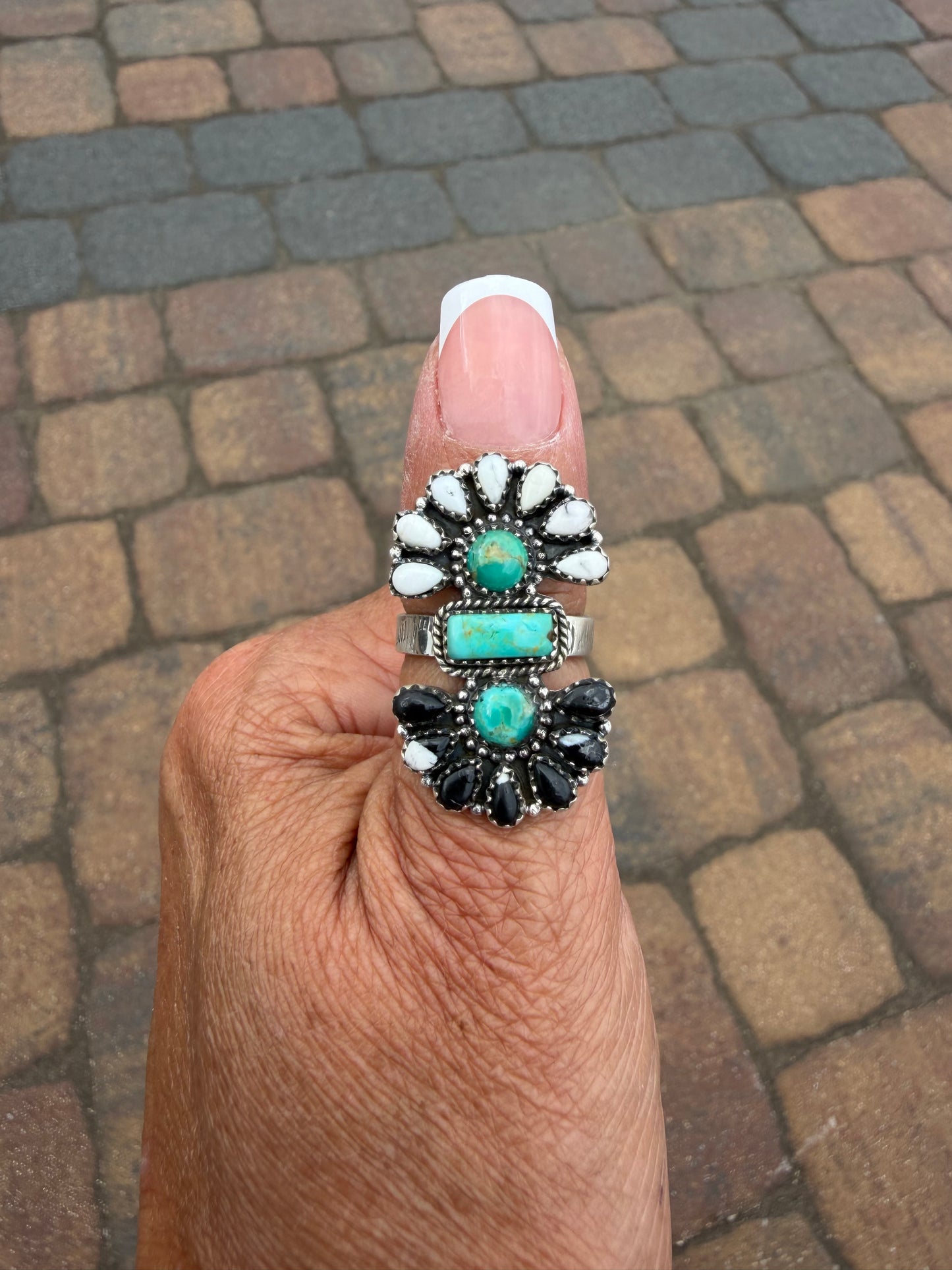 Kingman turquoise and white buffalo cluster ring on adjustable stamped band