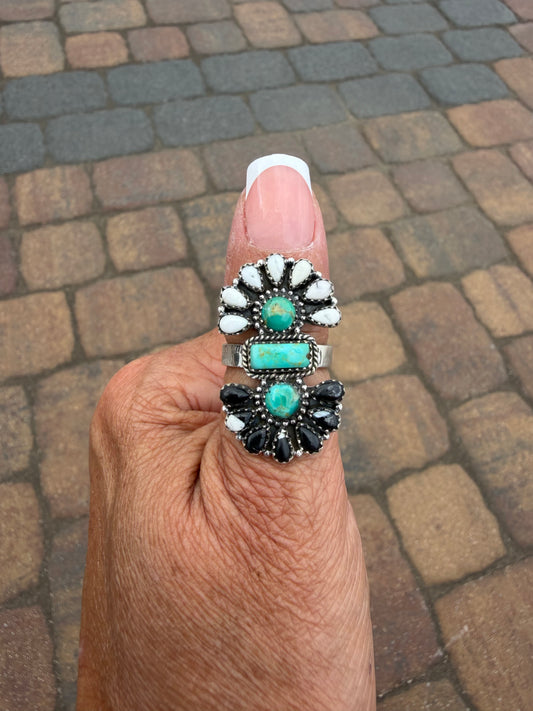 Kingman turquoise and white buffalo cluster ring on adjustable stamped band