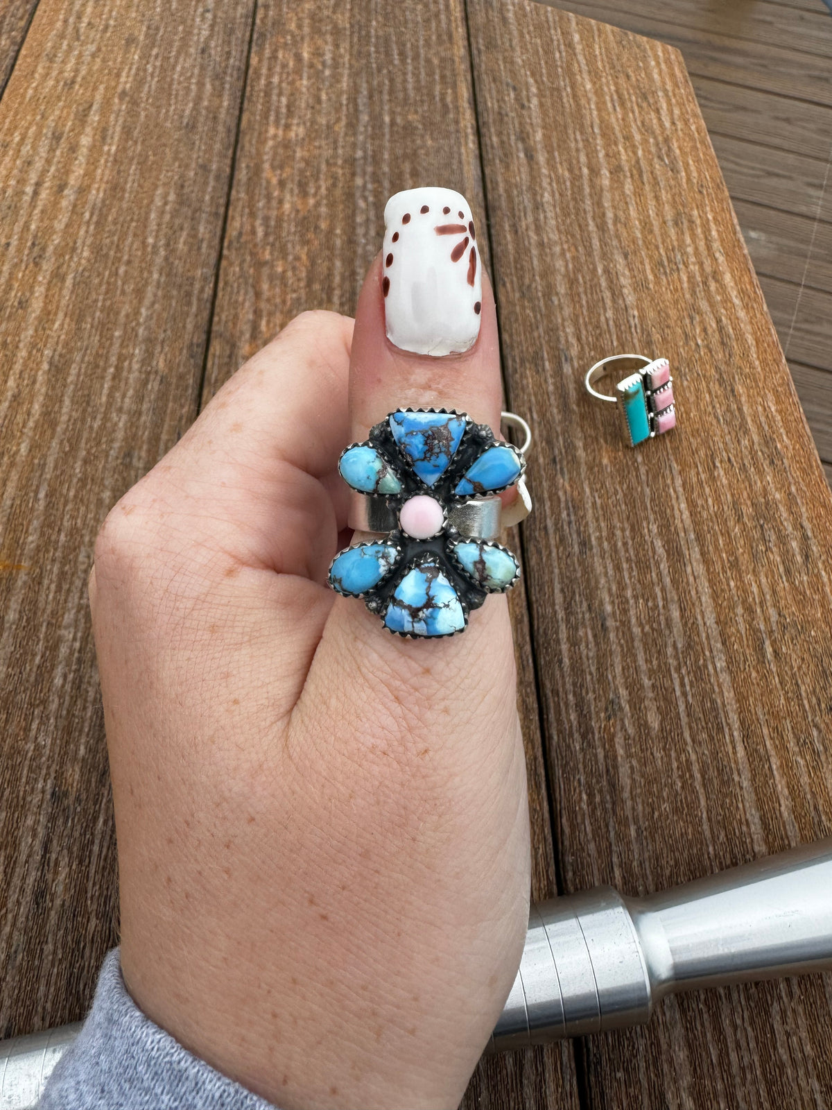 Pink conch and golden hills turquoise cluster ring adjustable