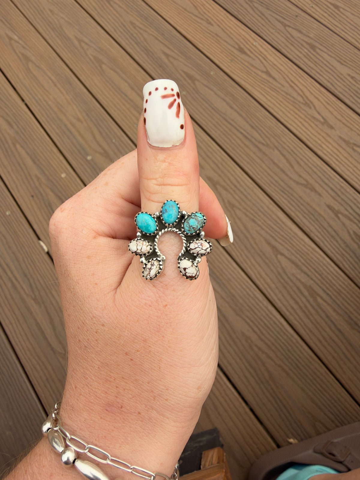 Kingman turquoise and wild horse adjustable Naja ring