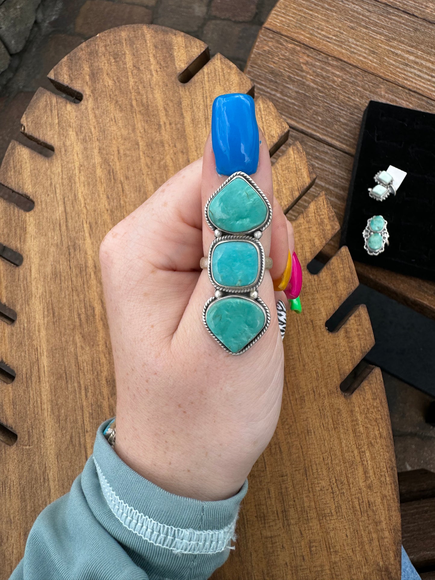 Kingman turquoise 3 stone adjustable ring
