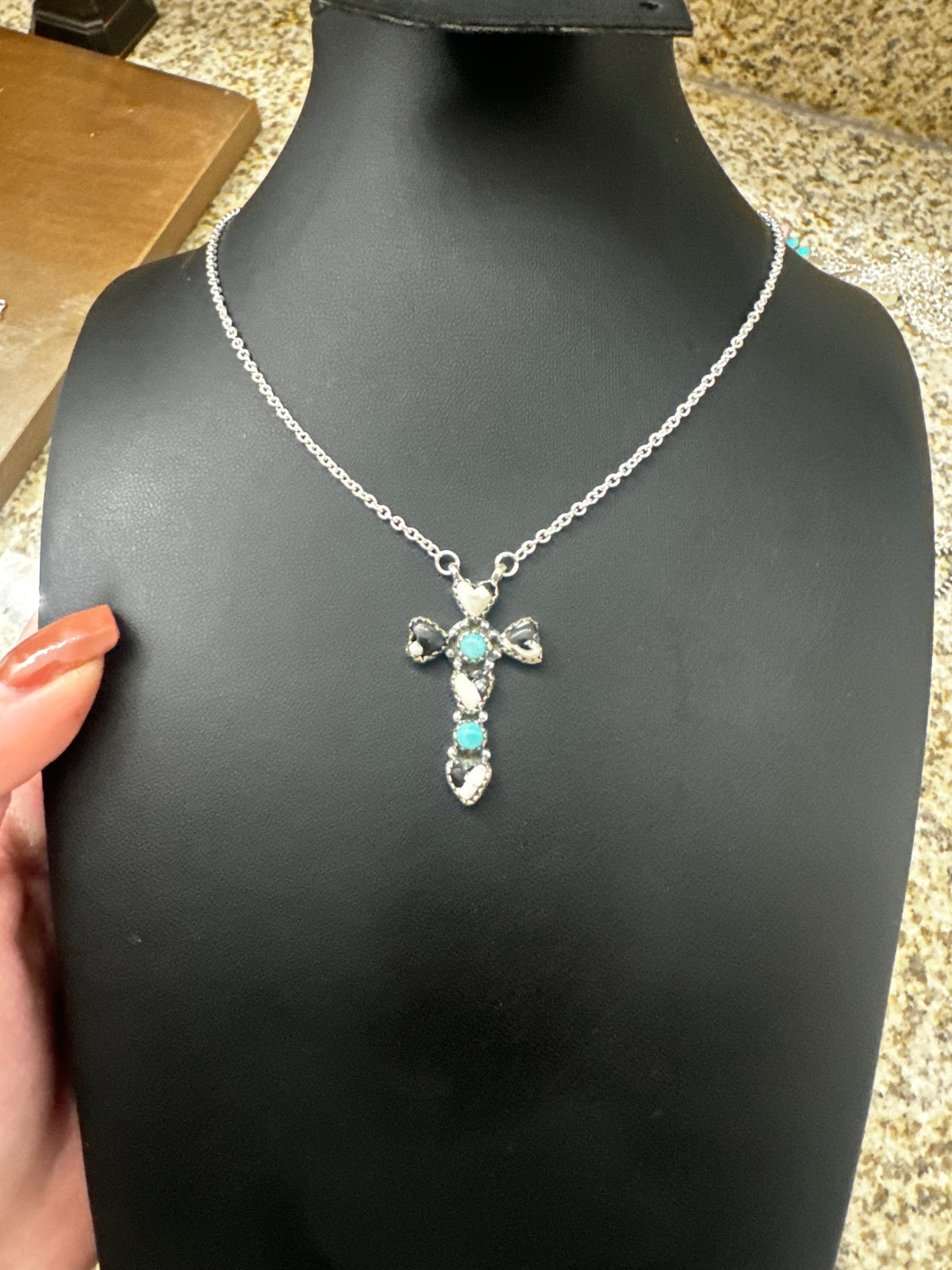 White Buffalo and turquoise cross necklace