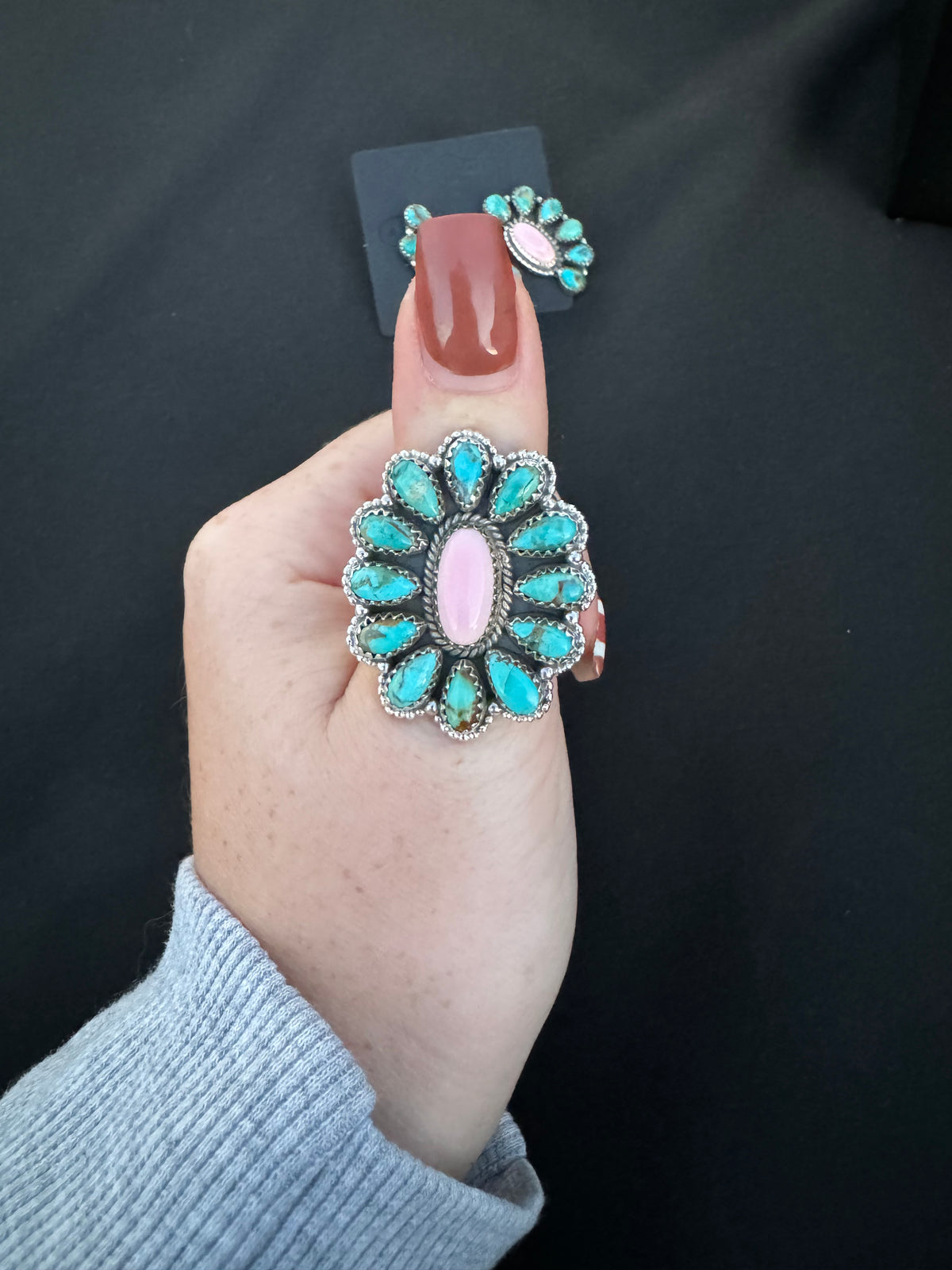 Pink conch and Kingman turquoise adjustable cluster ring