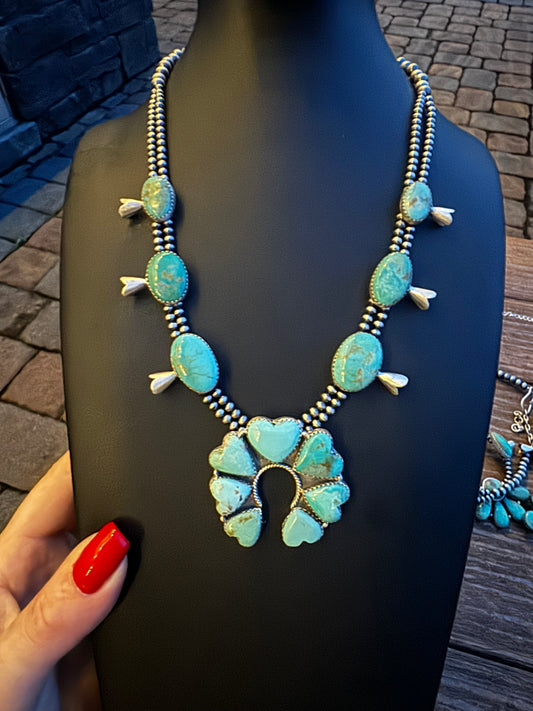 Hachita turquoise heart squash blossom necklace