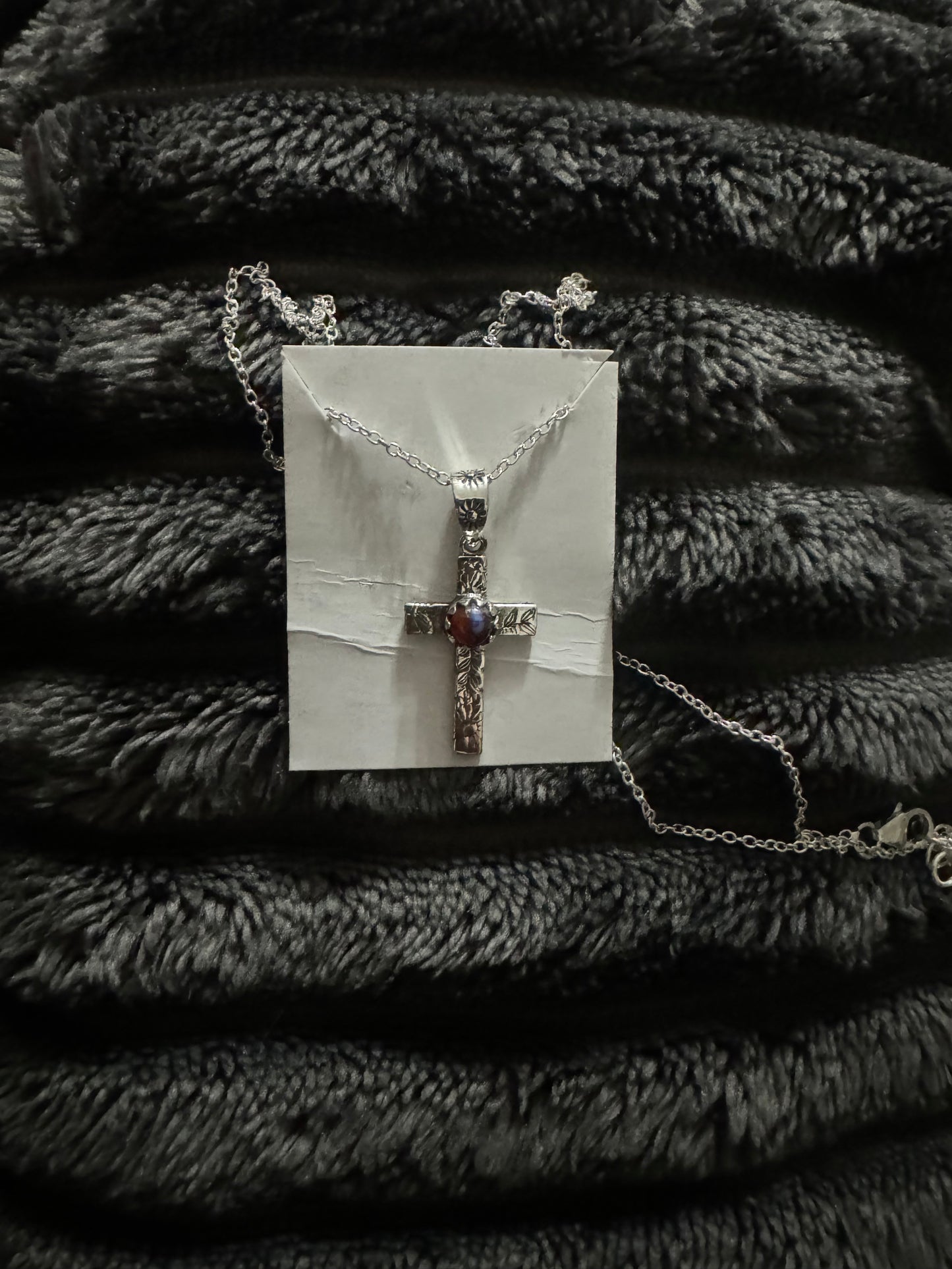 Pink dahlia dainty cross necklace