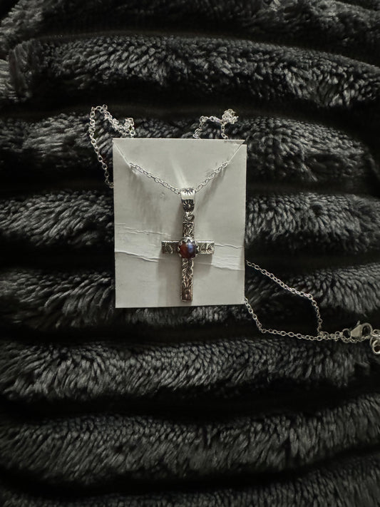 Pink dahlia dainty cross necklace