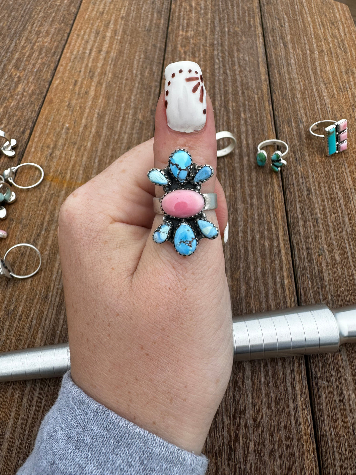Pink conch and golden hills adjustable cluster ring