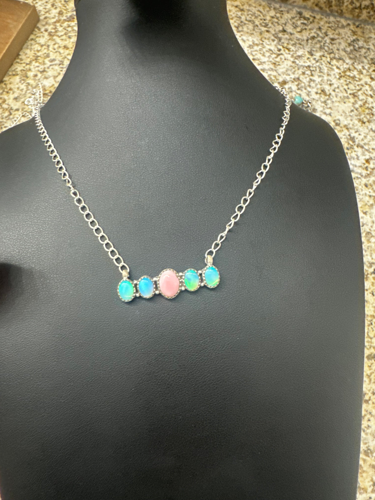 Pink conch and opal bar necklace