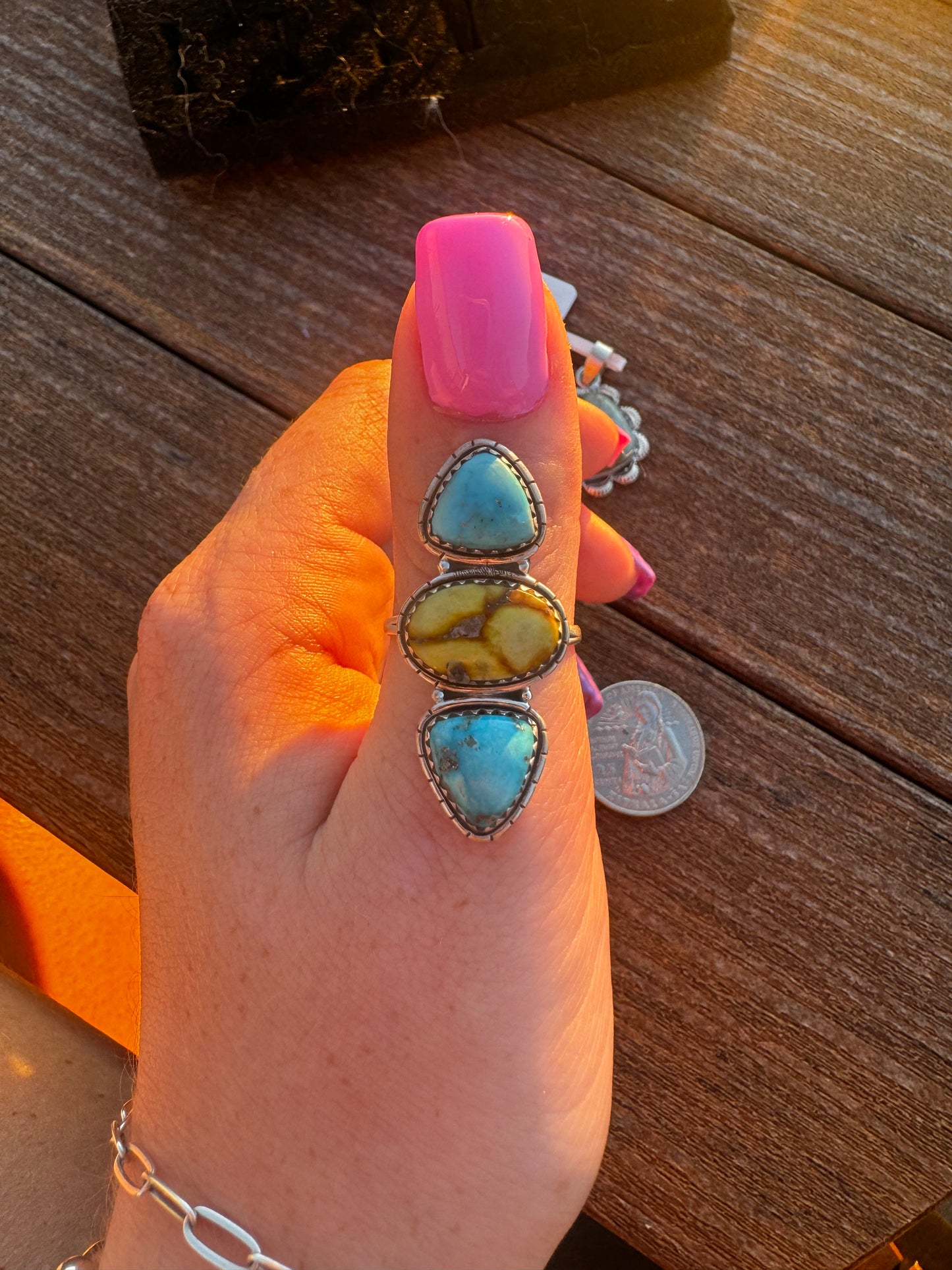 Sz 9.5 bluebird turquoise and palomino ring