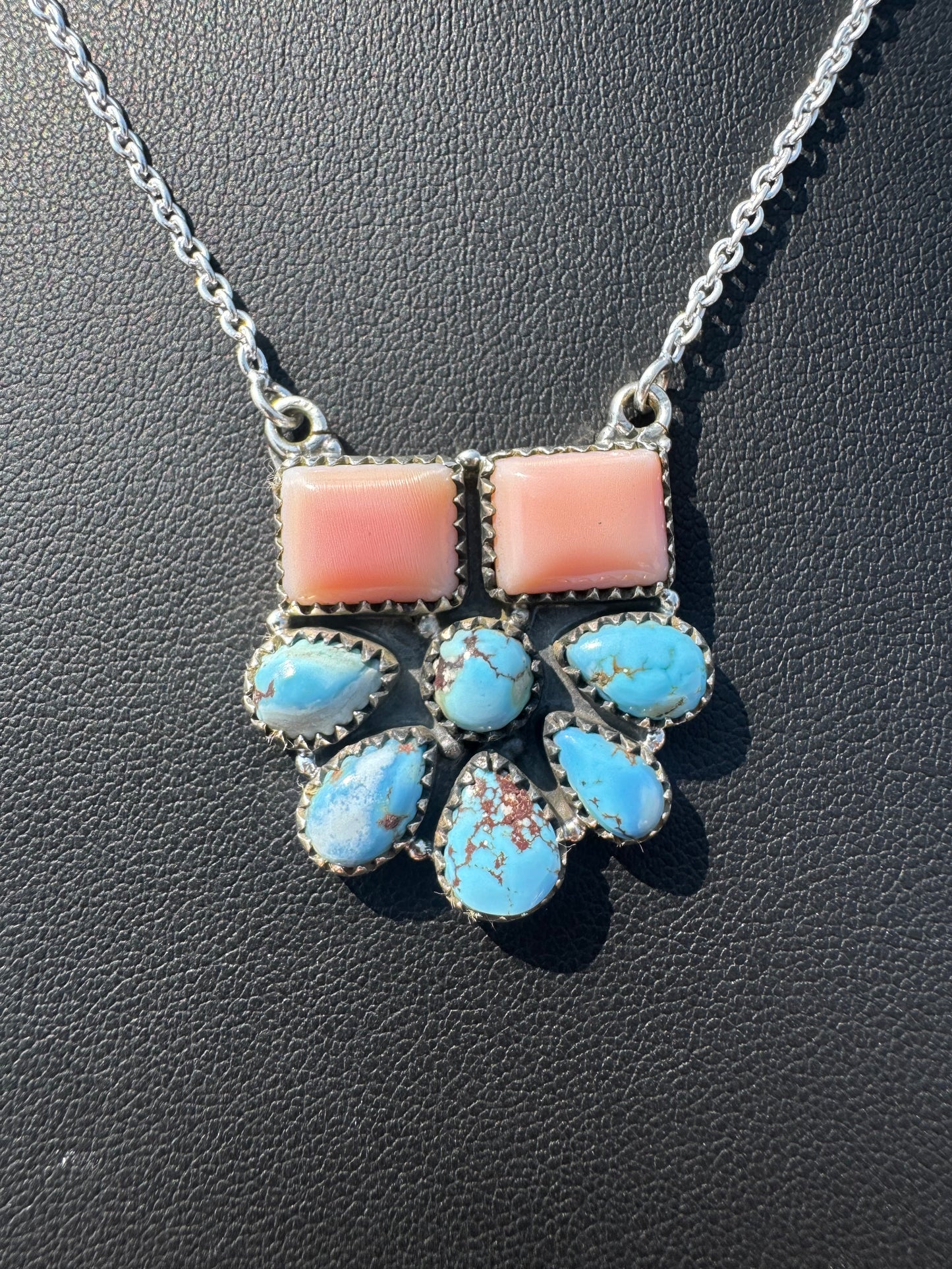 Pink conch and golden hills turquoise cluster necklace