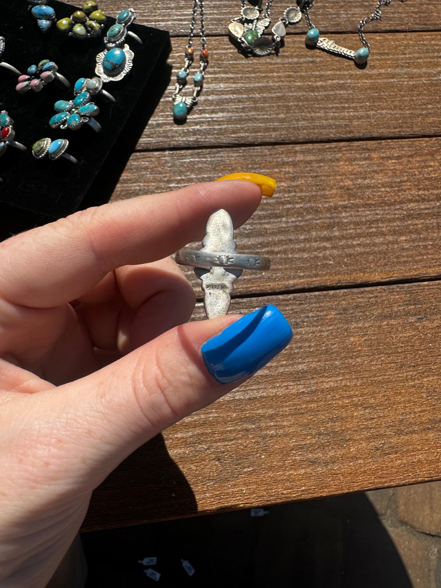 Whitewater and Sonoran gold turquoise ring on adjustable stamped band