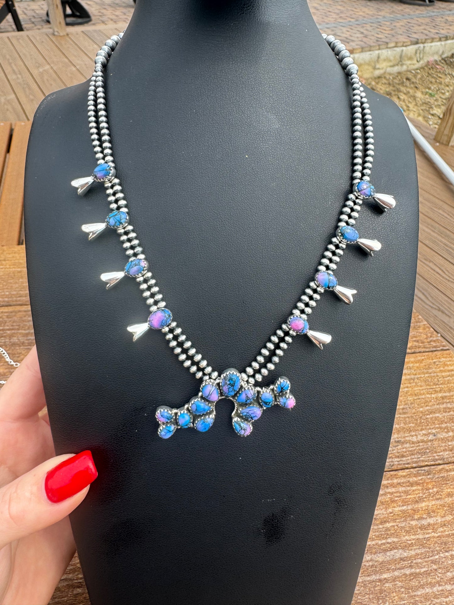 Purple dahlia squash style necklace on pearls