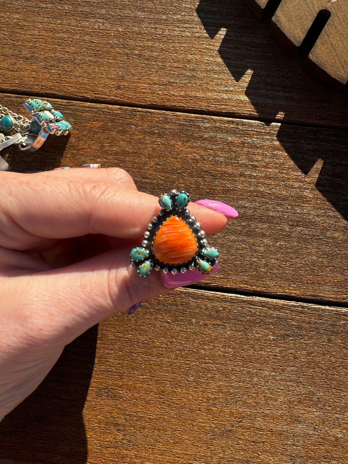 Sz 6 orange spiny and Kingman turquoise ring
