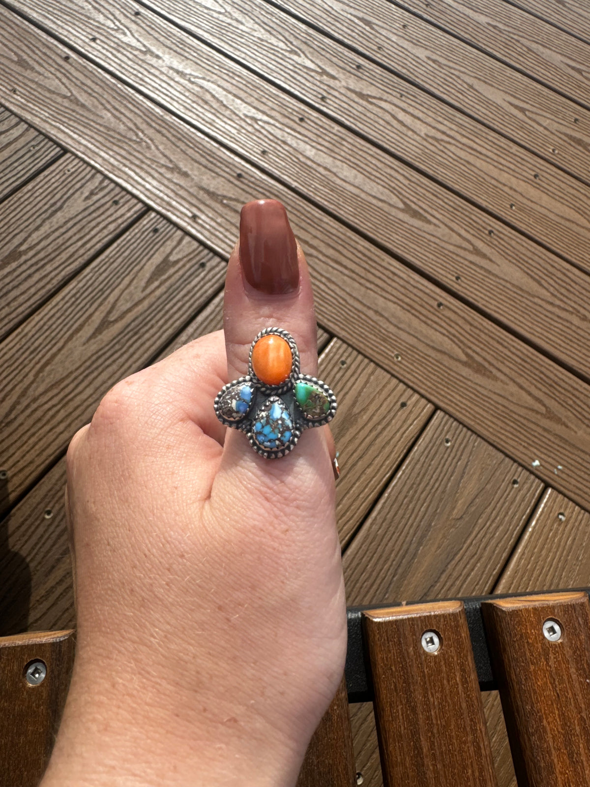 Orange spiny golden hills and Sonoran gold turquoise adjustable ring
