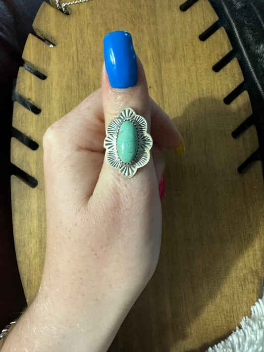 Sz 8 Royston turquoise ring with stampwork