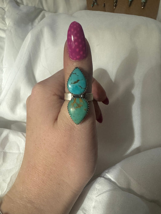 Two stone adjustable lone mountain turquoise ring