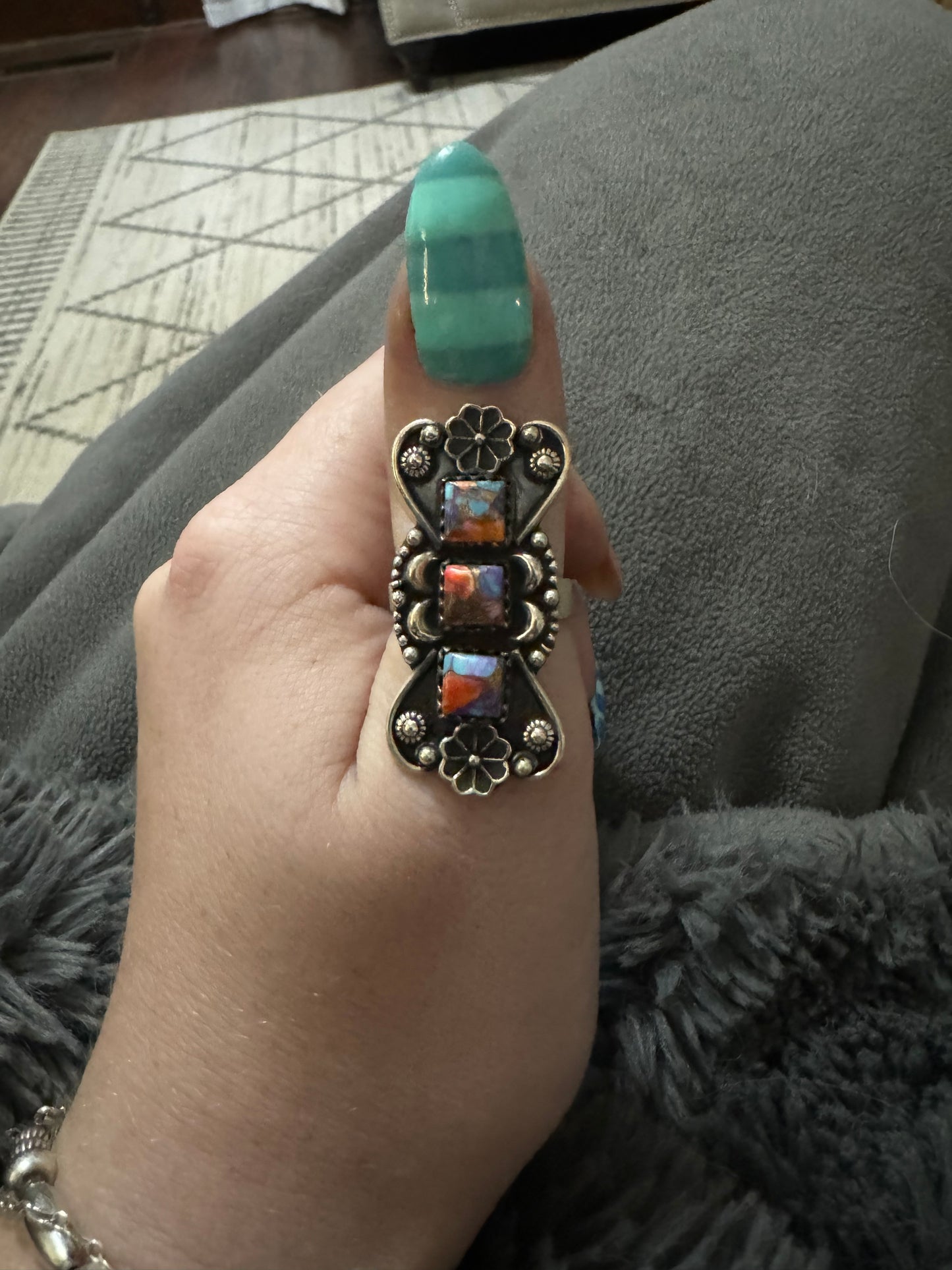 Pink dahlia 3 stone adjustable ring