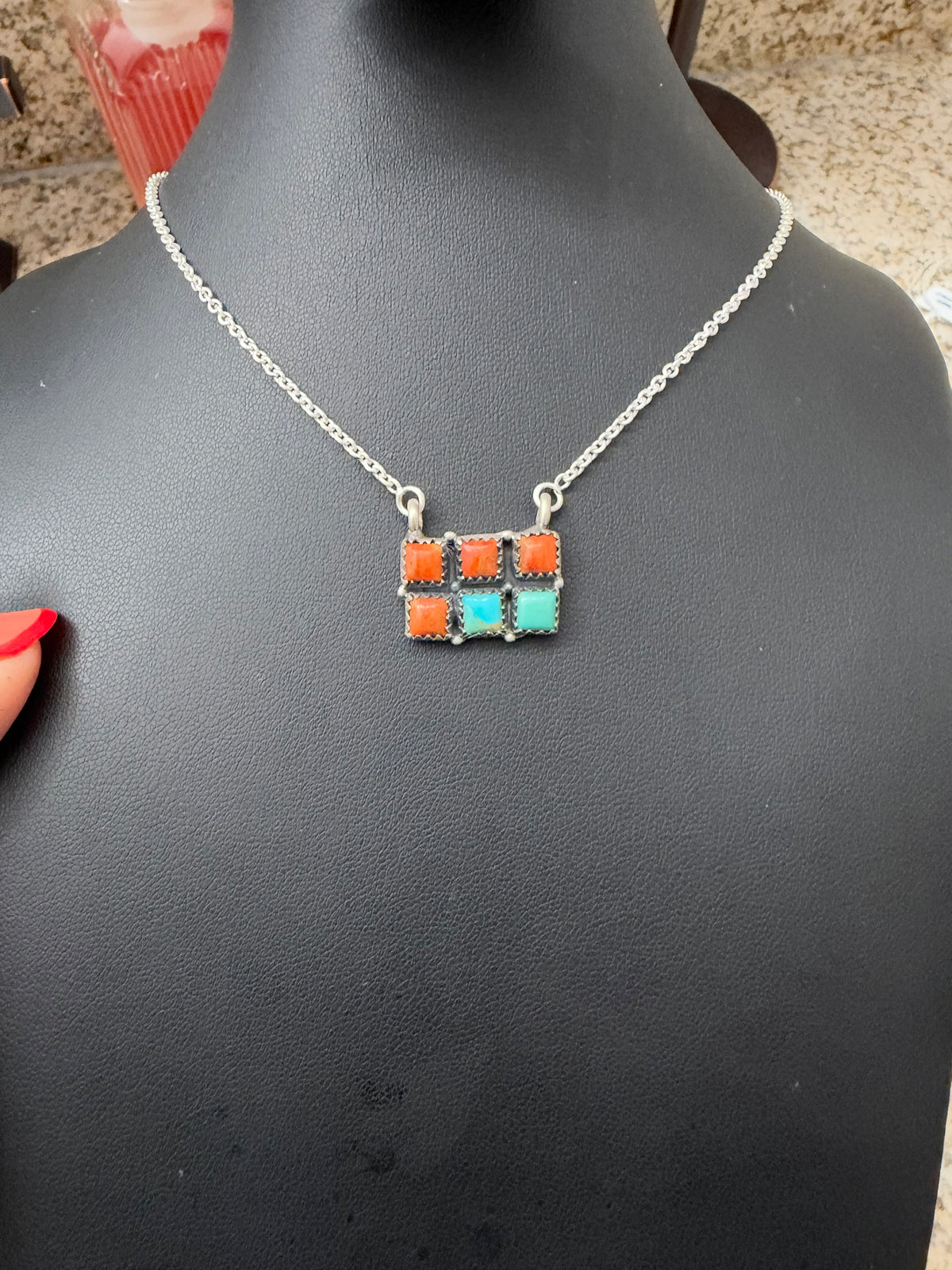 Kingman turquoise and orange Mojave bar necklace