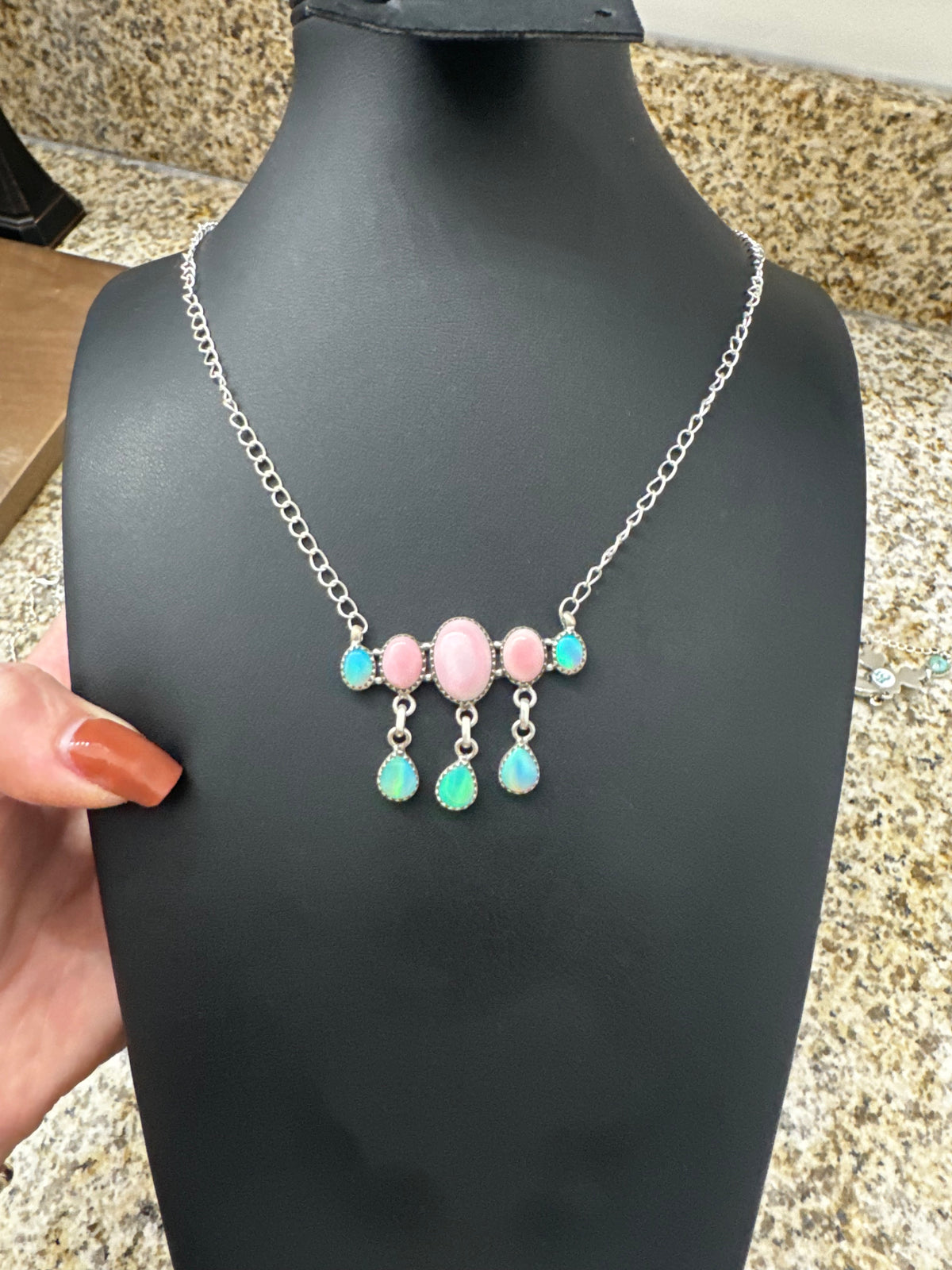 Pink conch and opal chandelier necklace