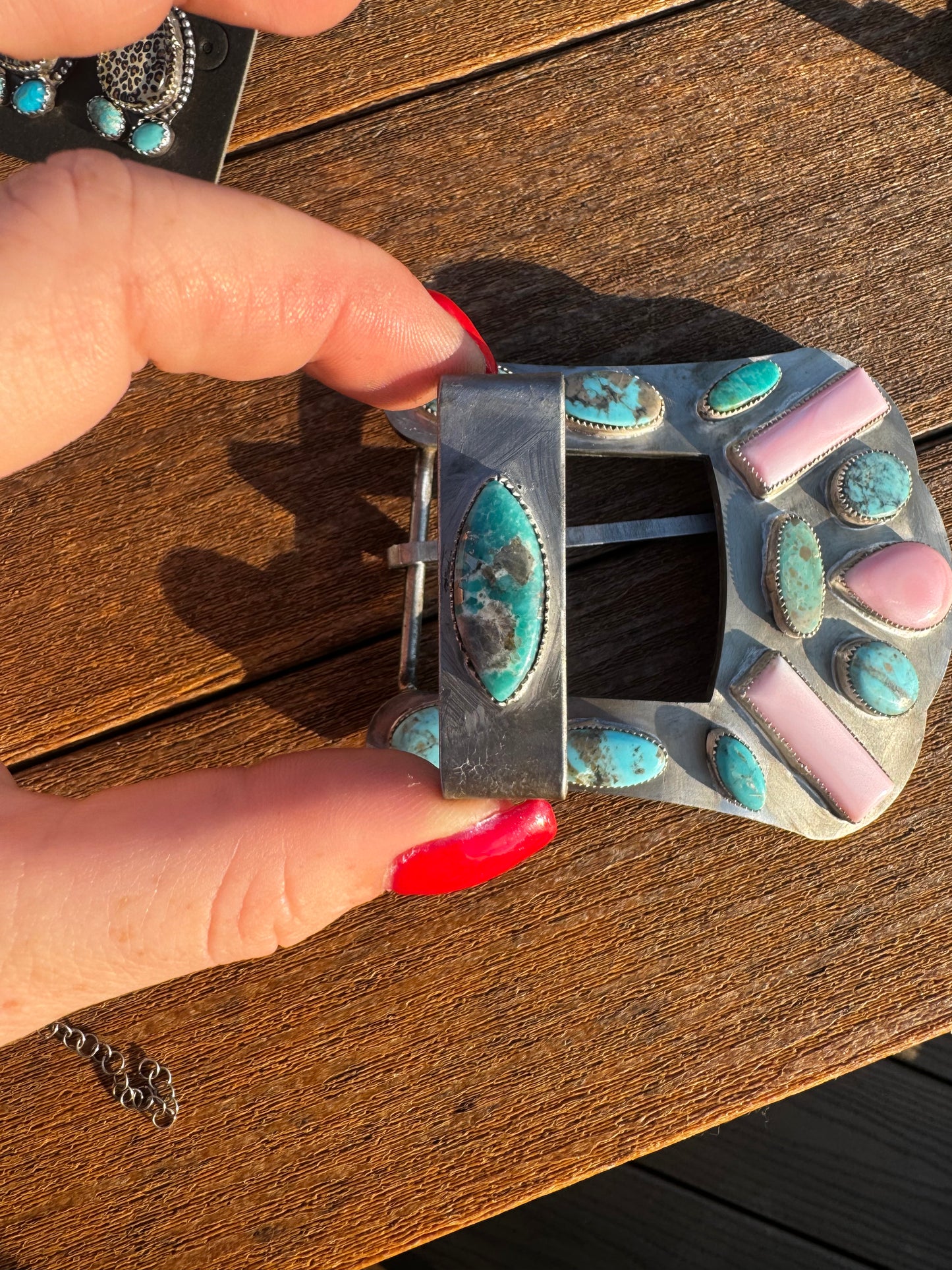 Pink conch and Arizona turquoise belt buckle and keeper