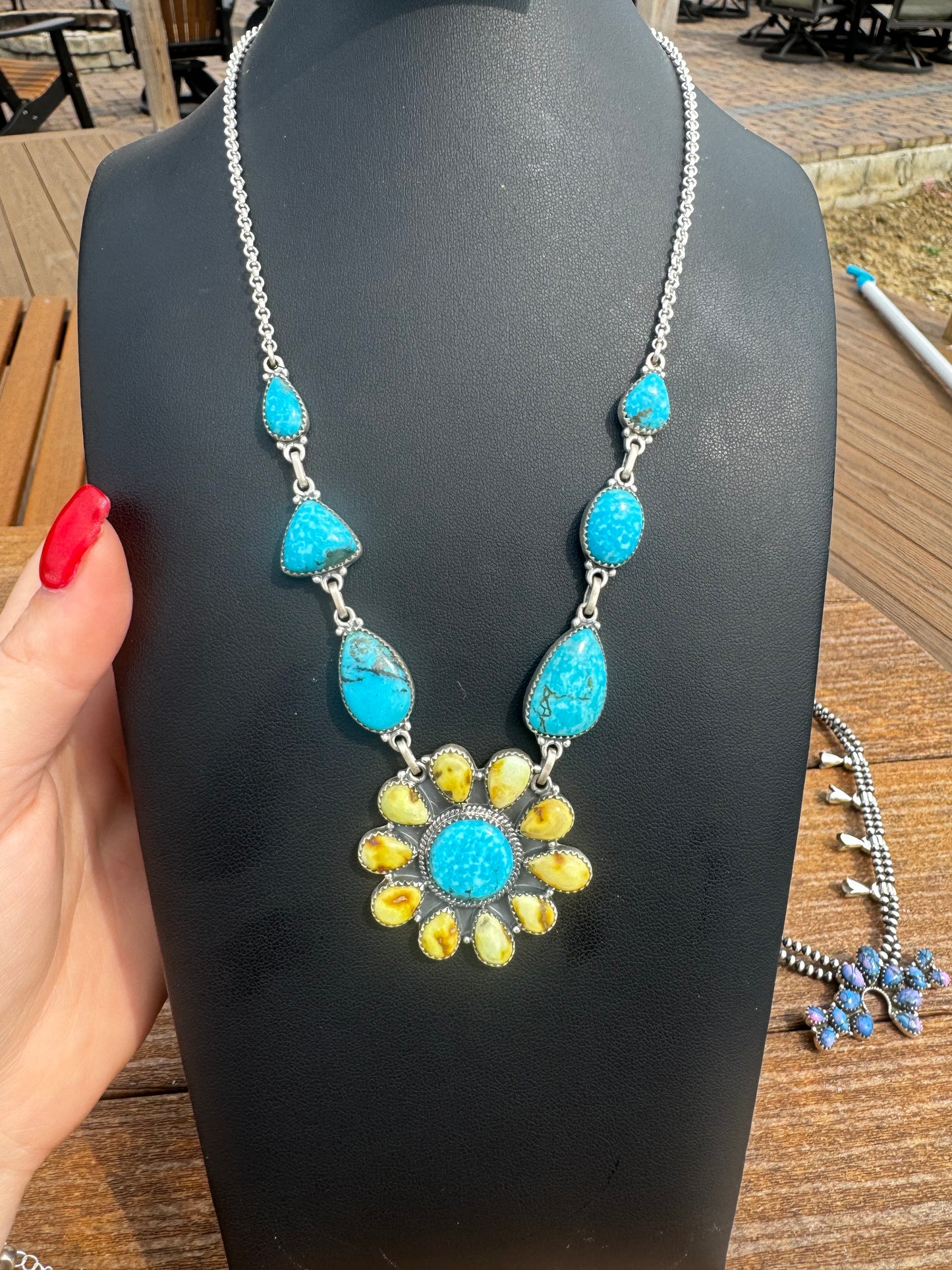 Blue bird turquoise and palomino lariat necklace