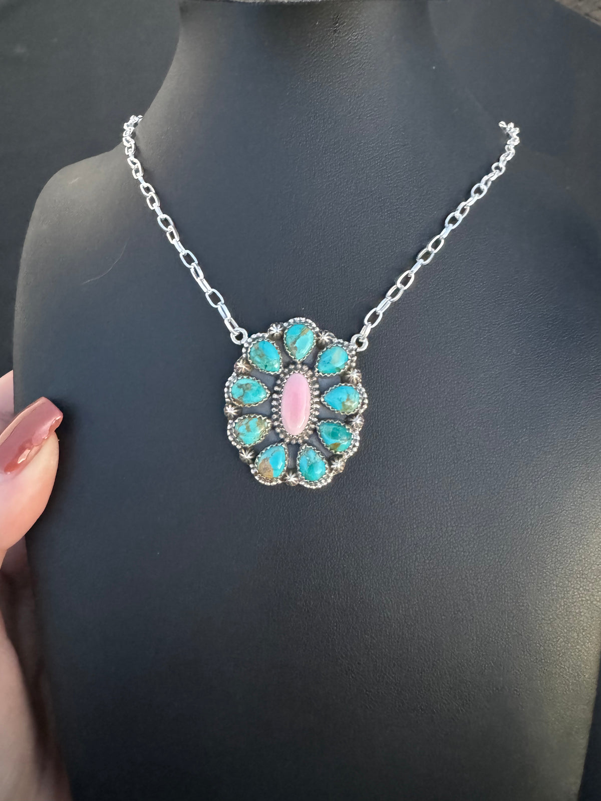 Pink conch and Kingman turquoise cluster necklace