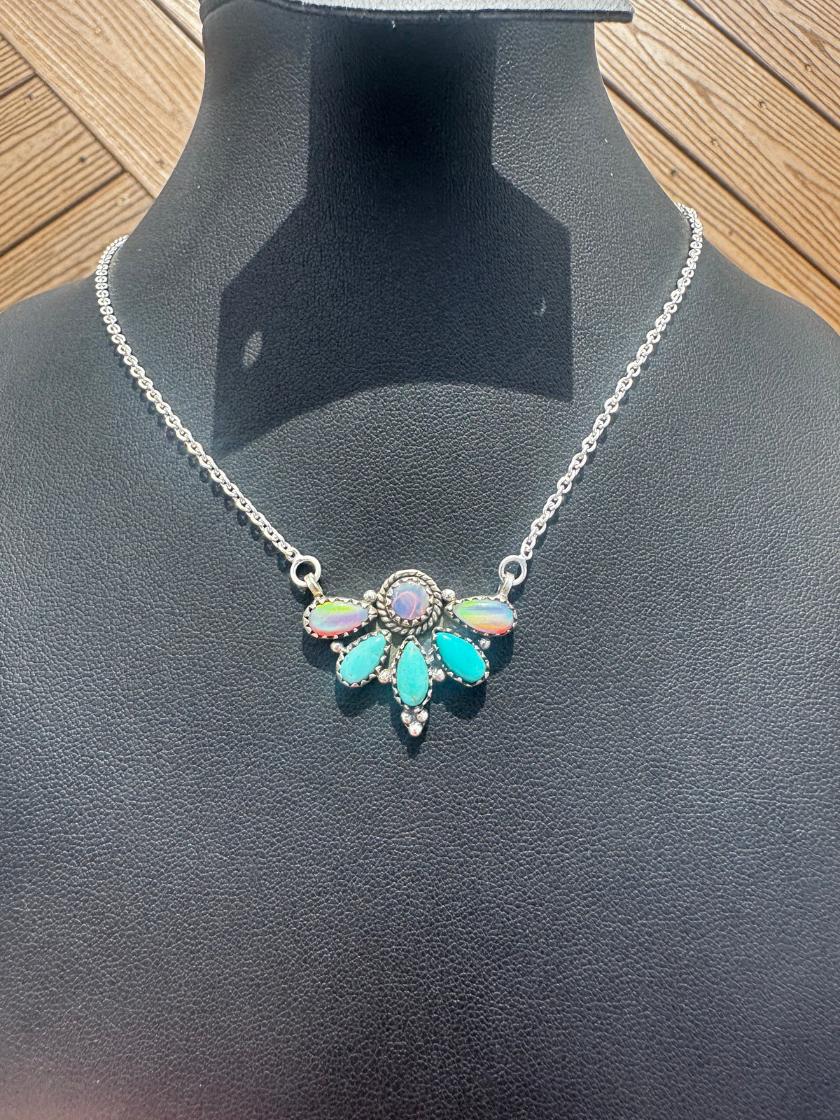 Kingman turquoise and balloon opal half cluster necklace