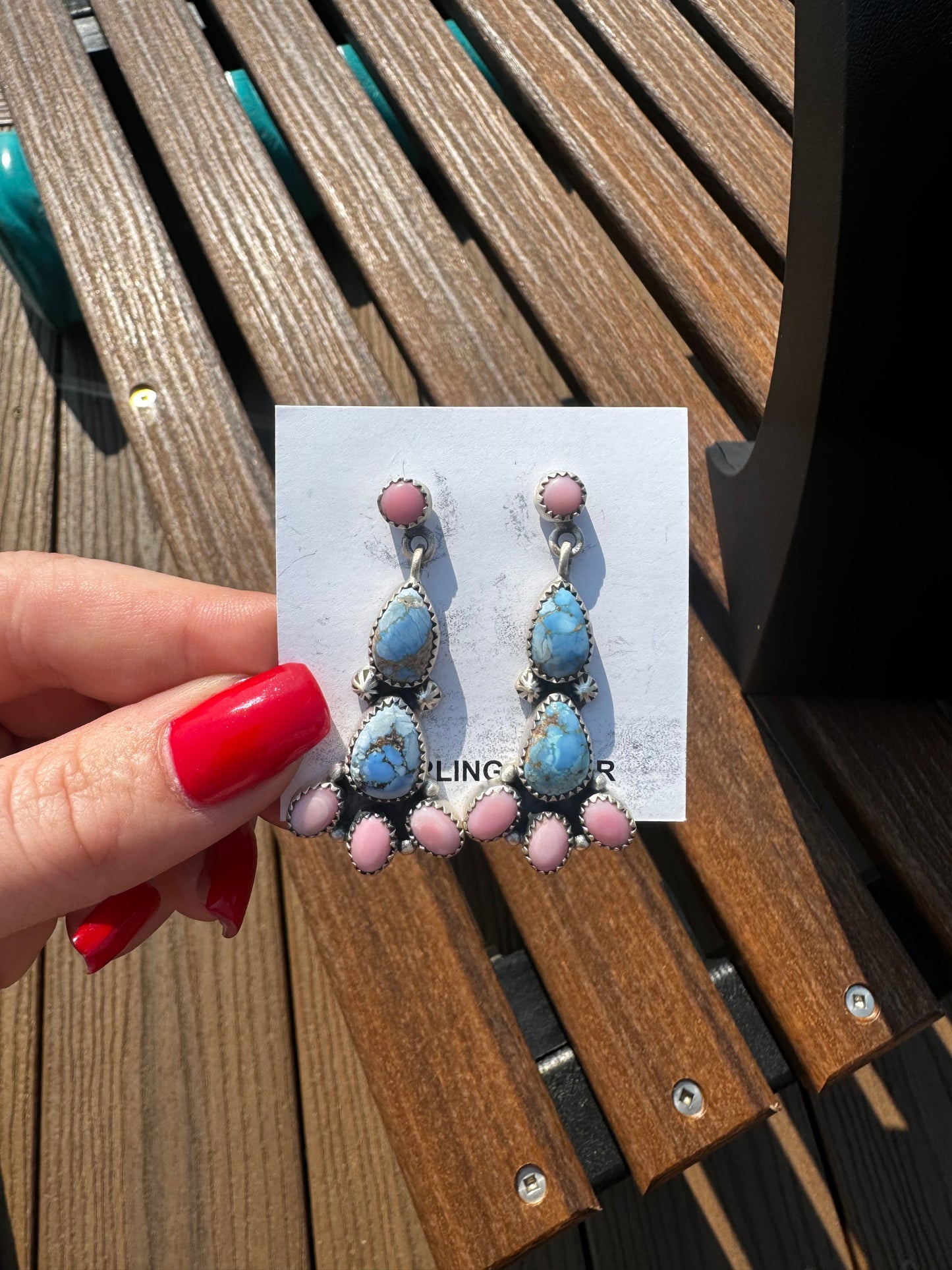 Golden hills turquoise and pink conch cluster stud earrings