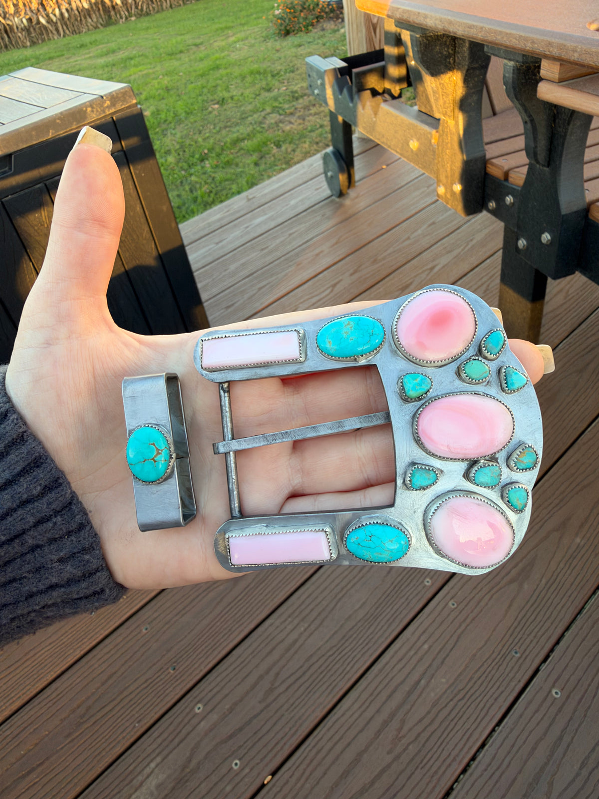 Pink conch Kingman turquoise and Royston turquoise belt buckle and keeper